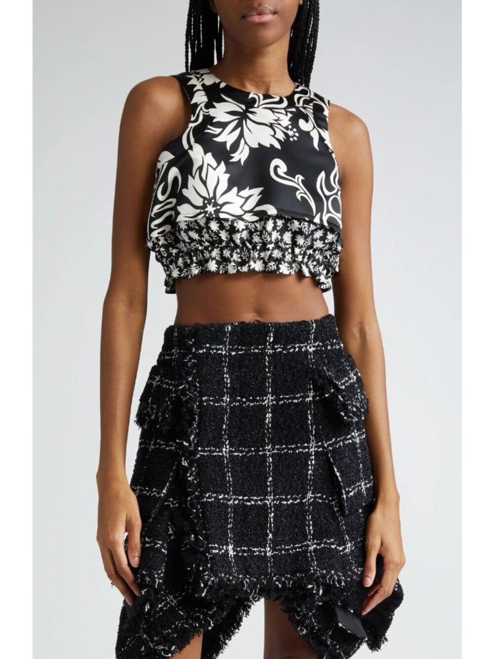 SACAI Womens Sleeveless Floral Print Layered Look Crop Tank Top Black Size 3 / L